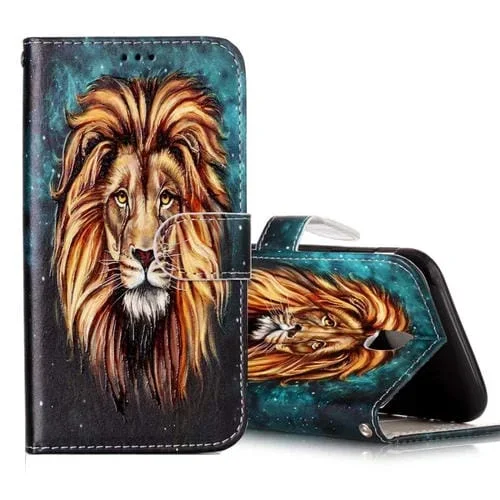 Funda de Cuero Galaxy J3 (2017) UE con Tapa Horizontal Patrón León Soporte Ranuras Tarjetas Billetera Marco Fotos