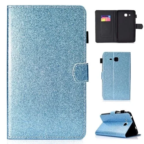 Funda De Cuero Galaxy Tab A 7.0 (2016) T280 Varnish Glitter Powder Con Tapa Soporte Y Ranura Para Tarjeta (Azul)