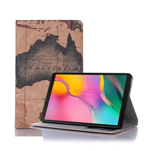 Funda de Cuero Galaxy Tab a 8.0 (2019) con Tapa Horizontal Textura Cartográfica Soporte Ranuras Tarjetas Billetera (Negro + Naranja)