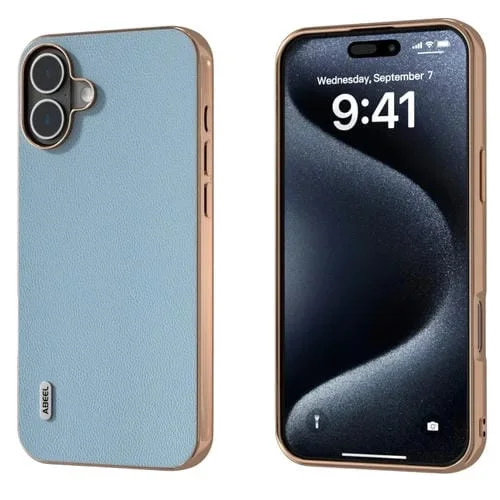 Funda de Cuero Genuino Abeel para iPhone 16 con Marco Galvanizado (Azul Cielo)