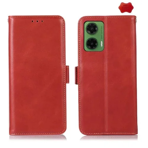 Funda de Cuero Genuino Crazy Horse con Cierre Magnético para Motorola Moto G35 (Rojo)