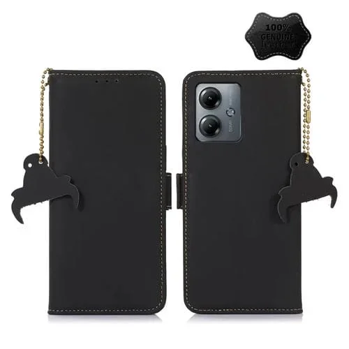 Funda de Cuero Genuino Magnética Rfid para Motorola Moto G14 4G (Negro)
