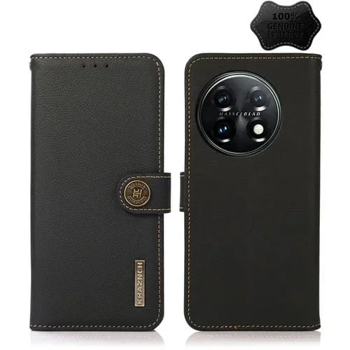 Funda de Cuero Genuino para OnePlus 11 Khazneh Custer Texture con Protección RFID (Negro)