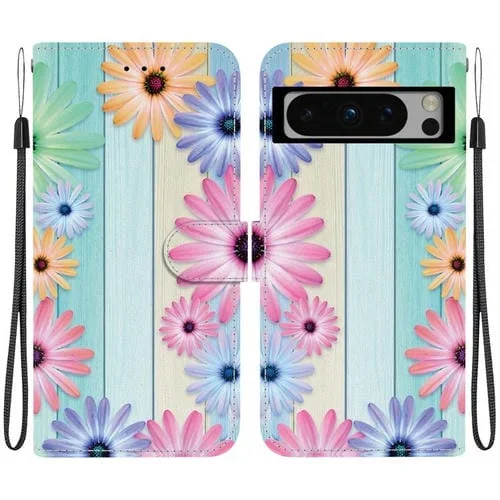 Funda de Cuero Google Pixel 8 Pro con Dibujo de Colores y Textura de Cristal (Girasoles)