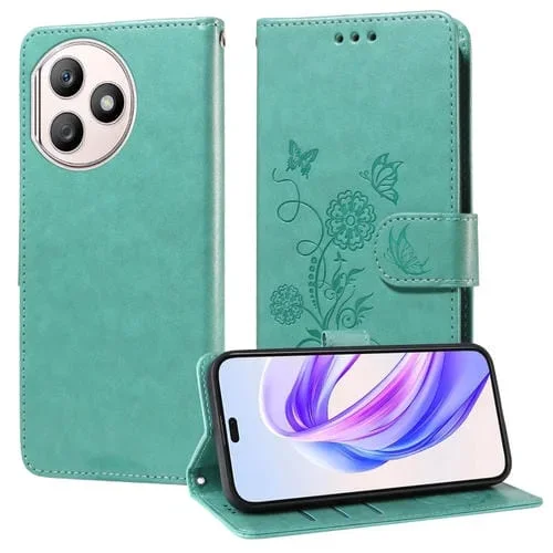 Funda de Cuero Honor X50I+ con Diseño de Mariposas y Flores en Relieve (Verde)