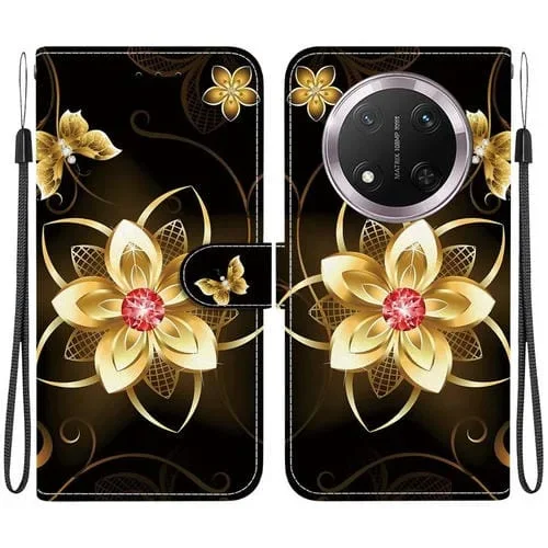 Funda de Cuero Honor X9C con Dibujo Color y Textura de Cristal (Flor Dorada)