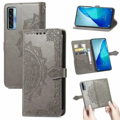 Funda de Cuero Horizontal Flip para TCL 20S Mandala Flower con Soporte, Ranura para Tarjeta, Billetera y Cordón (Gris)
