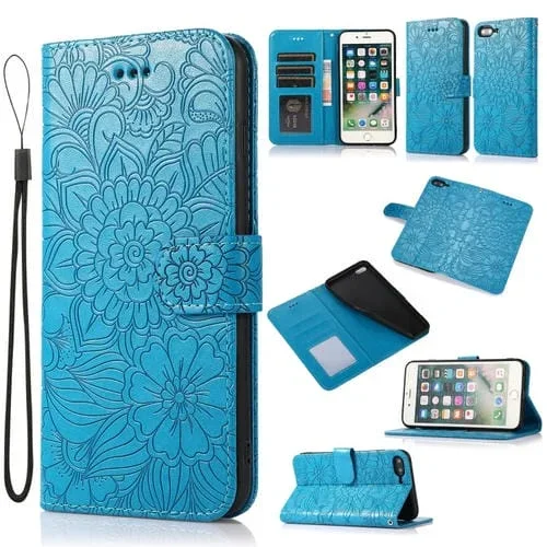 Funda de Cuero Horizontal La Piel Se Siente Girasol En Relieve con Soporte Ranuras Tarjetas Billetera Cordón para iPhone 7 Plus / 8 Plus (Azul)