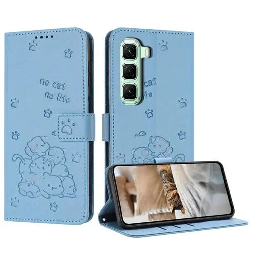 Funda de Cuero Infinix Hot 50 Pro+ 4G con Diseño de Gatito en Relieve y Cordón (Azul)