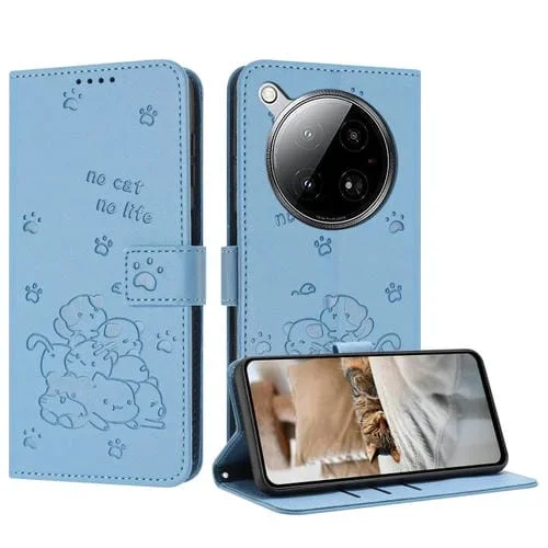 Funda de Cuero Infinix Zero 40 4G/Zero 40 5G con Diseño de Gatito en Relieve y Cordón (Azul)