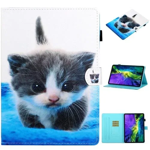 Funda de Cuero Inteligente para iPad Pro 11 (2024) con Dibujo a Color y Costuras (Gato Azul y Blanco)