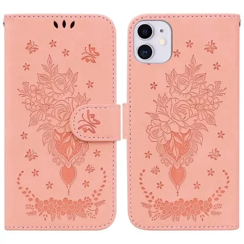 Funda de Cuero iPhone 11 Butterfly Rose En Relieve para Teléfono (Rosa)