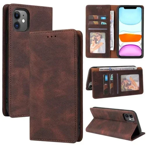 Funda de Cuero iPhone 11 Pro Max Cierre de Succión Horizontal Flip Soporte Tarjeta Billetera (Brown)
