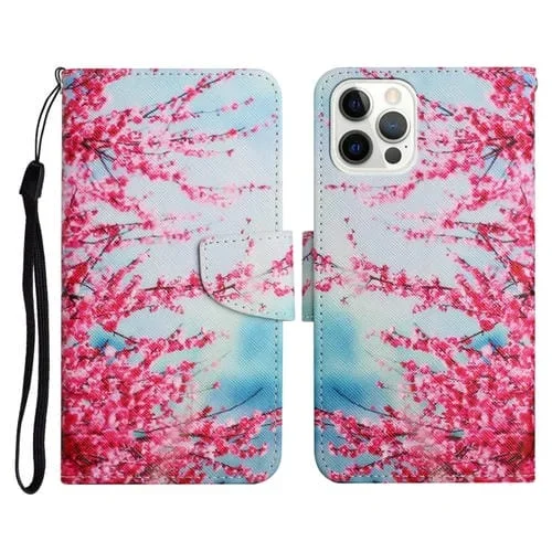 Funda de Cuero iPhone 11 Pro Max Patrón Pintado Soporte Ranura Tarjeta Billetera (Flores Rojas de Cerezo)