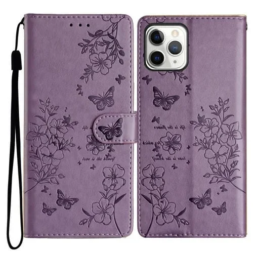 Funda de Cuero iPhone 11 Pro Max Relieve Mariposa y Flor (Morado)