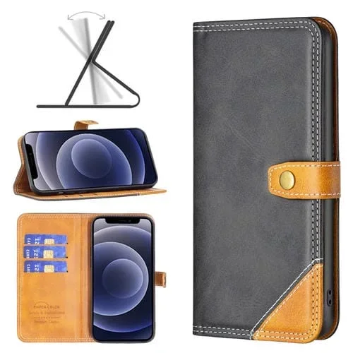 Funda de Cuero iPhone 12 Mini con Hilo de Coser Doble a Juego (Negro)