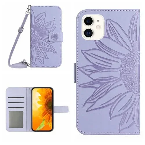 Funda de Cuero iPhone 12 Mini Skin Feel Sun Flower Flip con Cordón (Púrpura)