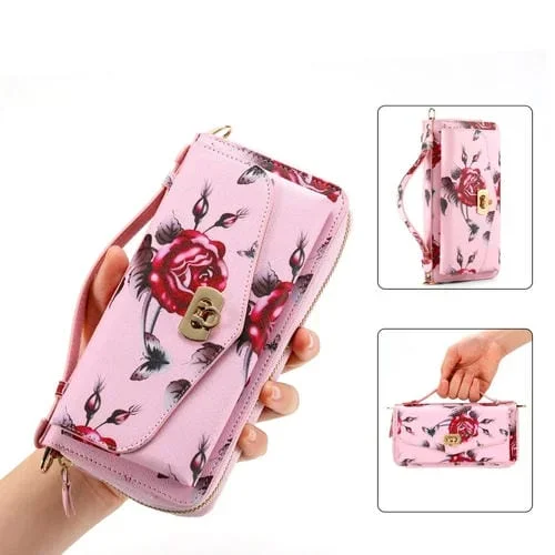 Funda de Cuero iPhone 12 Pro Magsafe con Billetera Cruzada Multifuncional y Cremallera (Rosa)