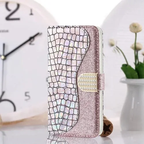 Funda de Cuero iPhone 13 Pro Laser Glitter Cocodrilo Tapa Horizontal Ranuras Tarjetas Soporte Billetera (Plata)