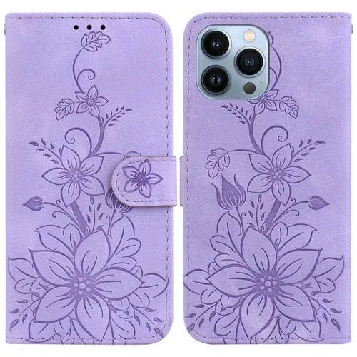 Funda de Cuero iPhone 13 Pro Max Lily En Relieve (Púrpura)