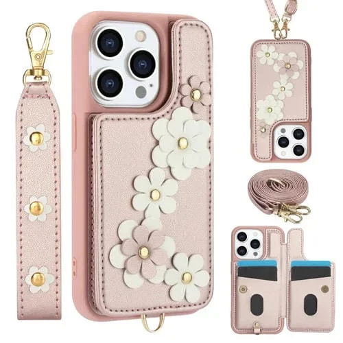 Funda de Cuero iPhone 14 Pro Estampado de Flores Diseño Cruzado (Oro Rosa)