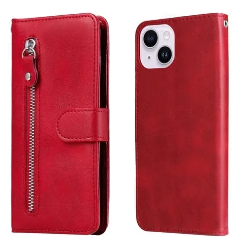 Funda de Cuero iPhone 15 Plus Becerro Textura Cremallera (Rojo)