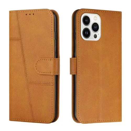 Funda de Cuero iPhone 15 Pro Max Stitching Becerro Textura Hebilla (Amarillo)