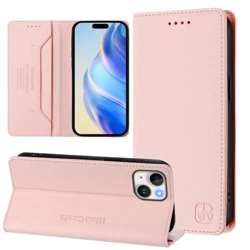 Funda de Cuero iPhone 15 Rc01 Doble Pliegue y Succión Magnética (Rosa)