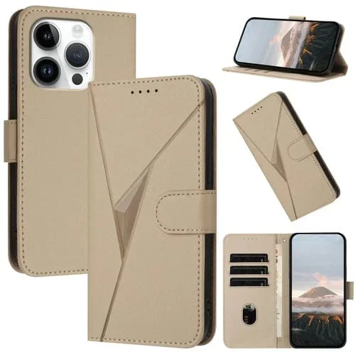 Funda de Cuero iPhone 16 Pro Cierre de Hebilla Diseño Triangular (Dorada)