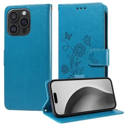 Funda de Cuero iPhone 16 Pro Diseño Mariposas y Flores En Relieve (Azul)