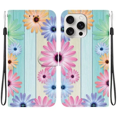 Funda de Cuero iPhone 16 Pro Max Dibujo Colores Textura Cristal (Girasoles)