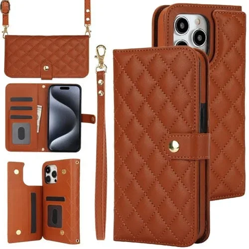 Funda de Cuero iPhone 16 Pro Max Diseño de Rombos Multifunción (Marrón)