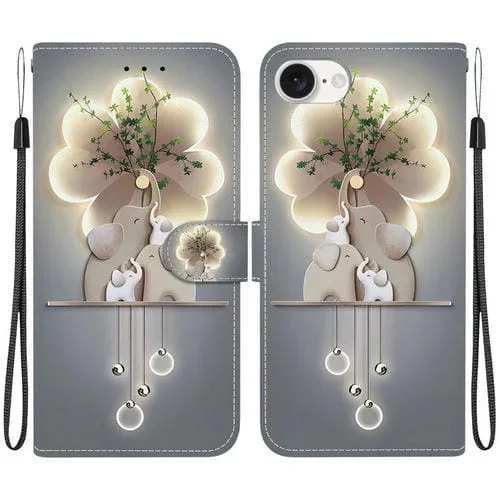 Funda de Cuero iPhone 16E Dibujo Colores Textura Cristal (Elefantes)