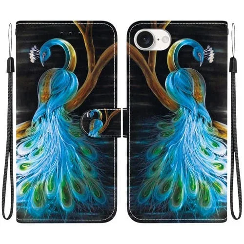 Funda de Cuero iPhone 16E Dibujo de Colores Textura de Cristal (Pavo Real)