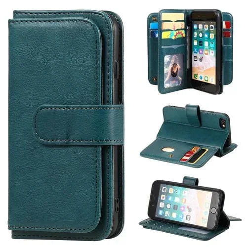 Funda de Cuero iPhone 8 y 7 Hebilla de Cobre Magnética Multifuncional con 10 Ranuras (Verde Oscuro)