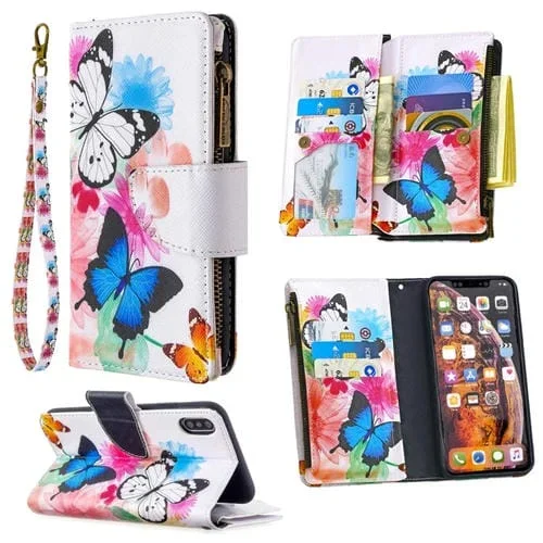 Funda de Cuero iPhone Xs Max Patrón Dibujo Cremallera Tapa Horizontal Soporte Ranuras Tarjetas Billetera (Dos Mariposas)