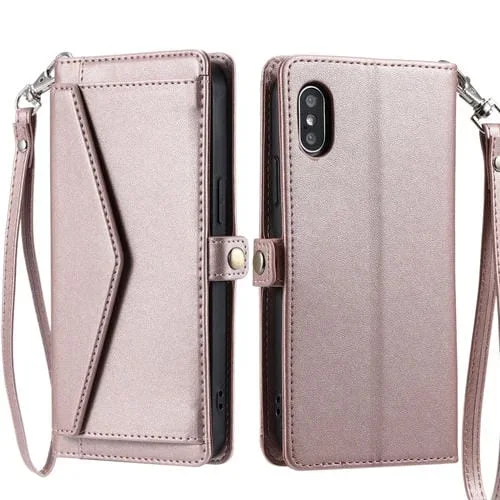 Funda de Cuero iPhone Xs Max Ranura para Tarjetas y Cordón (Oro Rosa)
