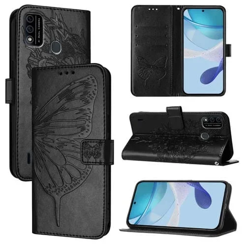 Funda de Cuero Itel A48 con Diseño de Mariposa en Relieve (Negra)