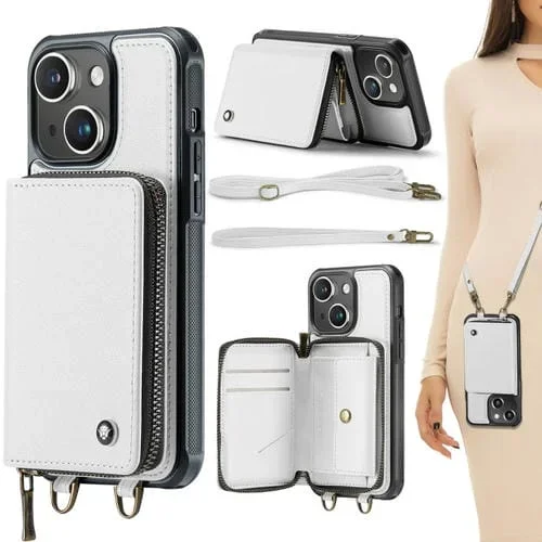 Funda de Cuero Jeehood C22 Series para iPhone 15 Plus con Billetera Cremallera y Cordón Doble (Blanco)