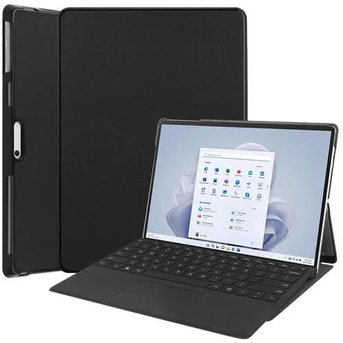 Funda de Cuero Junsunmay para Microsoft Surface Pro 9 con Soporte de 3 Pliegues (Negro)