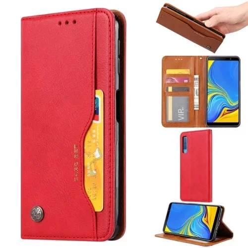 Funda de Cuero Knead Skin Texture para Galaxy A7 (2018) A750 con Tapa Horizontal, Marco de Fotos, Soporte, Ranuras y Billetera (Rojo)