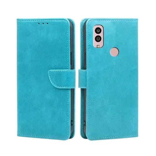 Funda de Cuero Kyocera Android One S10 Flip con Hebilla y Textura Becerro (Azul Claro)