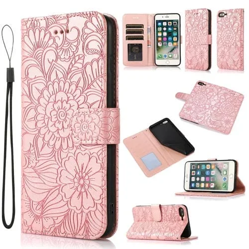 Funda de Cuero La Piel Se Siente Girasol En Relieve con Soporte y Ranuras para iPhone 7 Plus / 8 Plus (Oro Rosa)