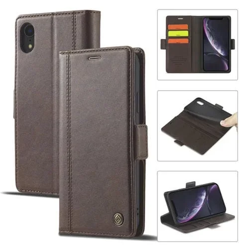 Funda de Cuero LC.Imeeke para iPhone Xr con Hebilla Magnética, Tapa Horizontal, Soporte y Ranuras para Tarjetas (Café)