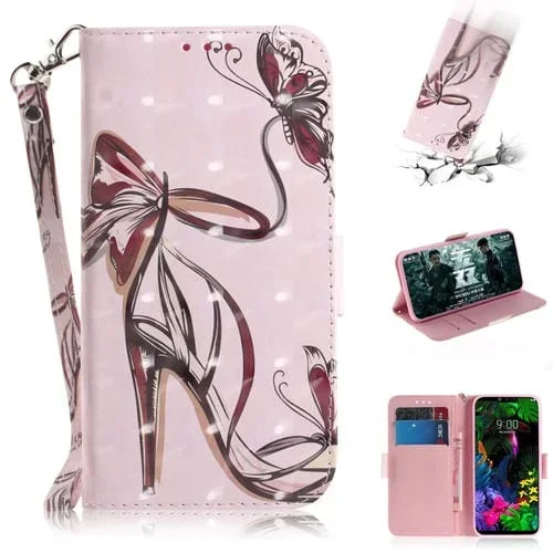 Funda de Cuero LG G8 Thinq con Patrón 3D, Tapa Horizontal, Soporte, Ranuras y Billetera (Tacones de Mariposa)