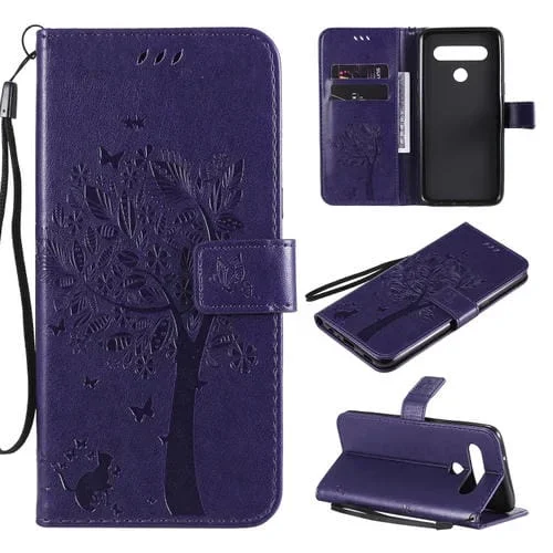 Funda de Cuero LG K61 con Tapa Horizontal, Soporte, Ranuras para Tarjetas, Billetera y Cordón (Púrpura)
