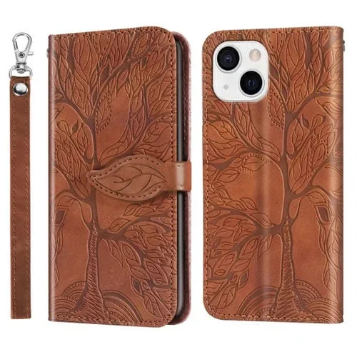 Funda de Cuero Life Tree para iPhone 15 Plus con Relieve Patrón (Marrón)