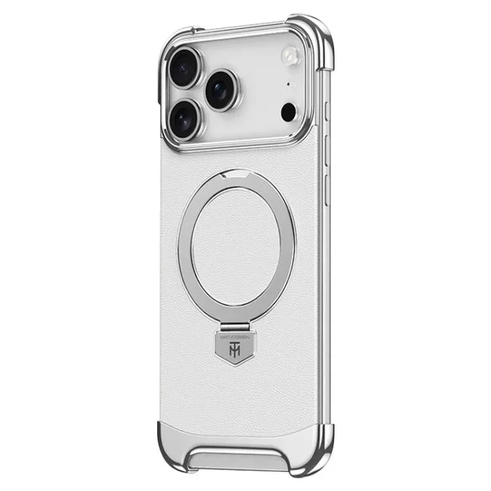 Funda de cuero lisa con soporte de anillo MagSafe sin bordes para iPhone 17 Pro Max (blanca)