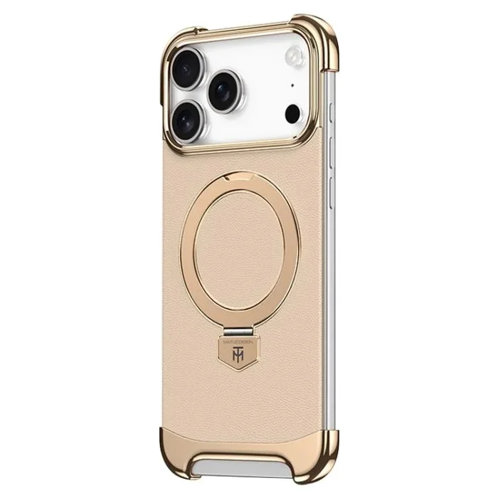 Funda de cuero lisa con soporte de anillo MagSafe sin bordes para iPhone 17 Pro Max (dorada)