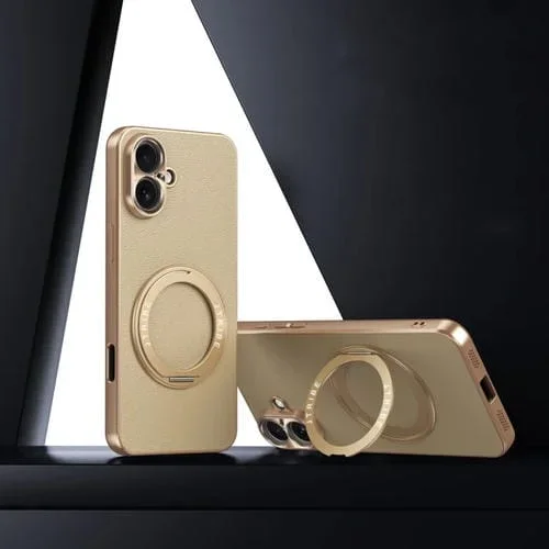 Funda de Cuero Lisa con Soporte Magsafe para iPhone 16 (Dorada)